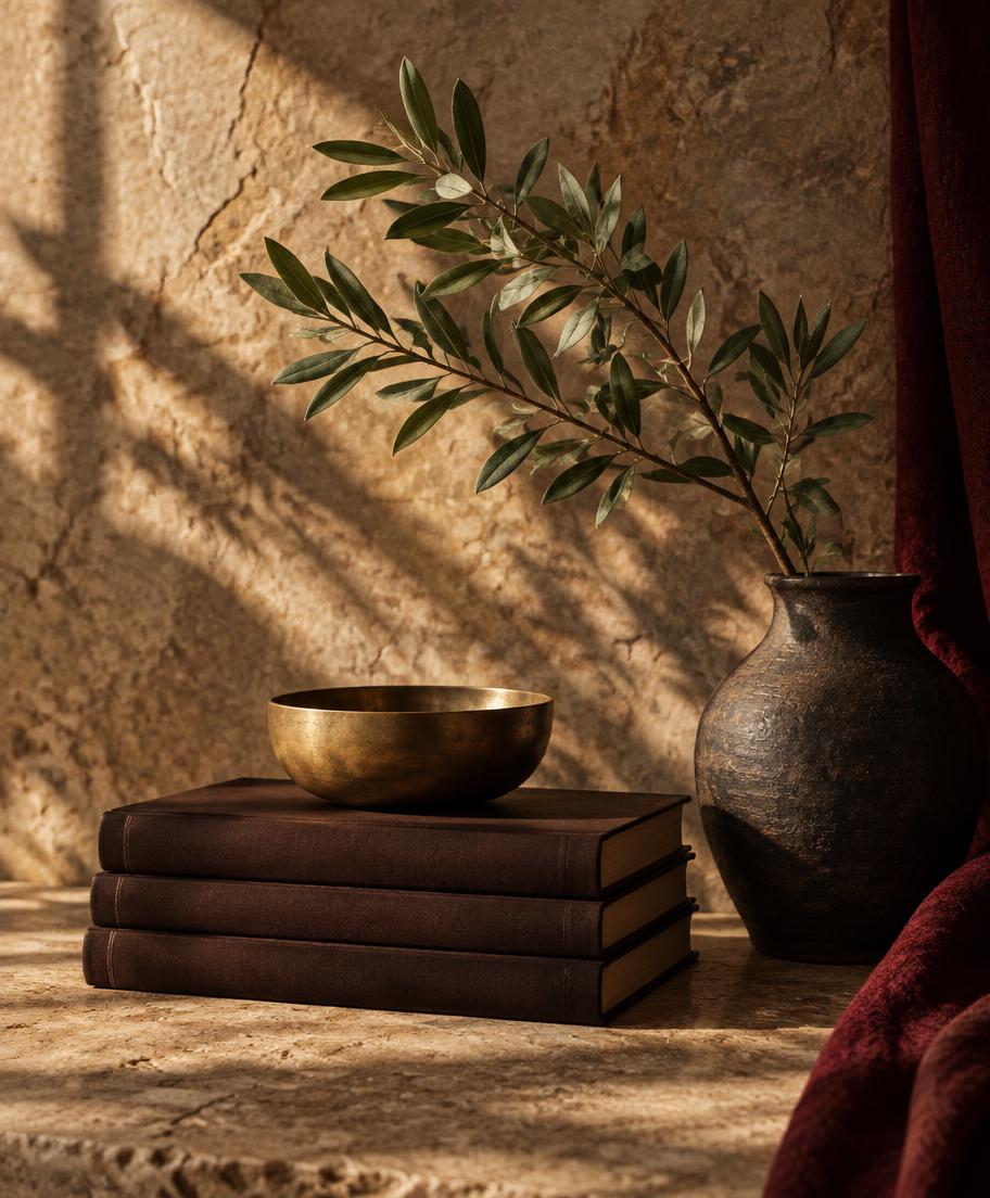 Books, brass and greenery in warm natural light